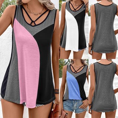 Sleeveless T-Shirts Contrasting Color Patchwork Sexy Vest Color Blocked T-shirt Top for Women