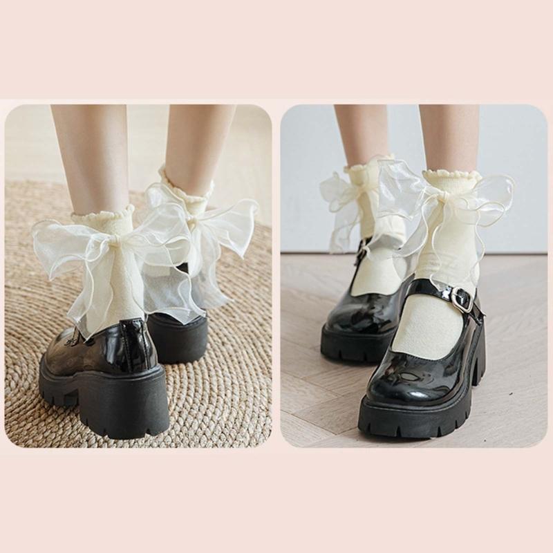 1 Par de Calcetines con Volantes para Mujer Calcetines Tobilleros con Encaje para Niña Calcetines Fruncidos con Lazos Calcetines de Algodón Calcetines de Vestir Estilo Princesa
