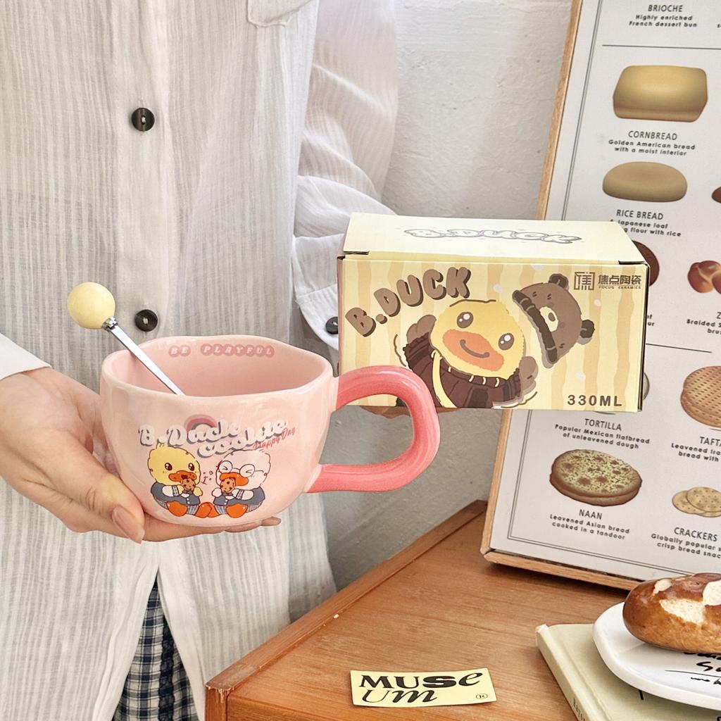 Kleine Gelbe Ente Niedliche Keramiktasse Kinder Trinkwasserbecher mit Löffel Paar Kaffeetasse Frühstückstasse Praktisches Geburtstagsgeschenk