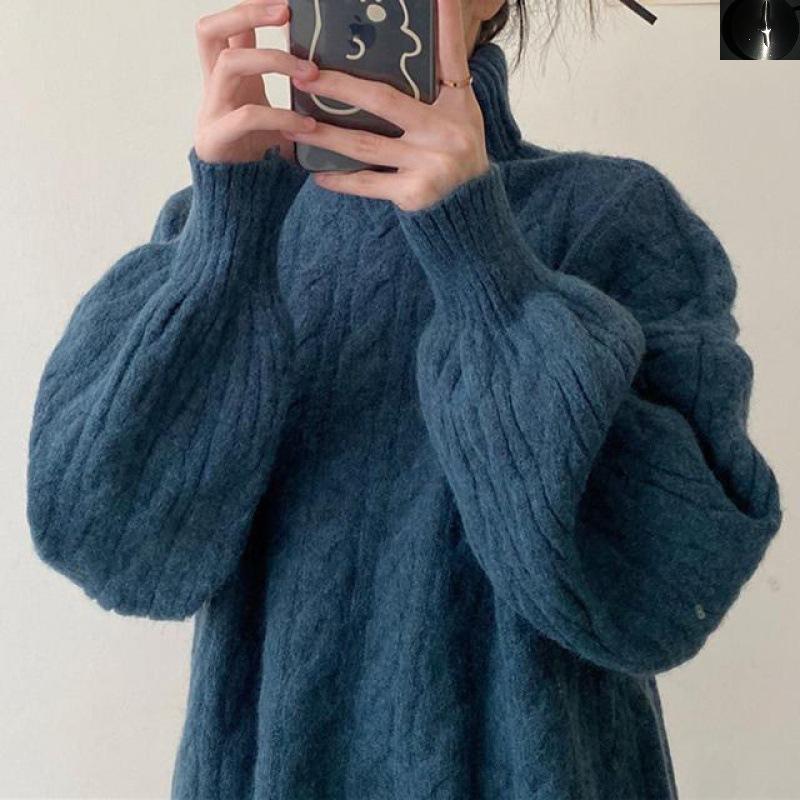 Wear Turtleneck Twist Loose Lazy Wind Pullover Sweater Women's Solid Color Lantern Sleeves Simple Versatile Knitted Sweater