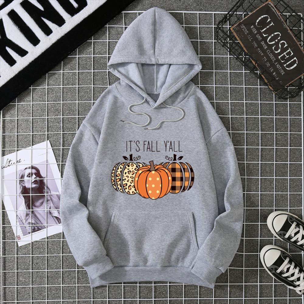 2025 Thanksgiving Pumpkin Graphics Women’s Black Gray Hoodies Soft Cotton Loose For Comfortable Fall/Winter Halloween Relaxation