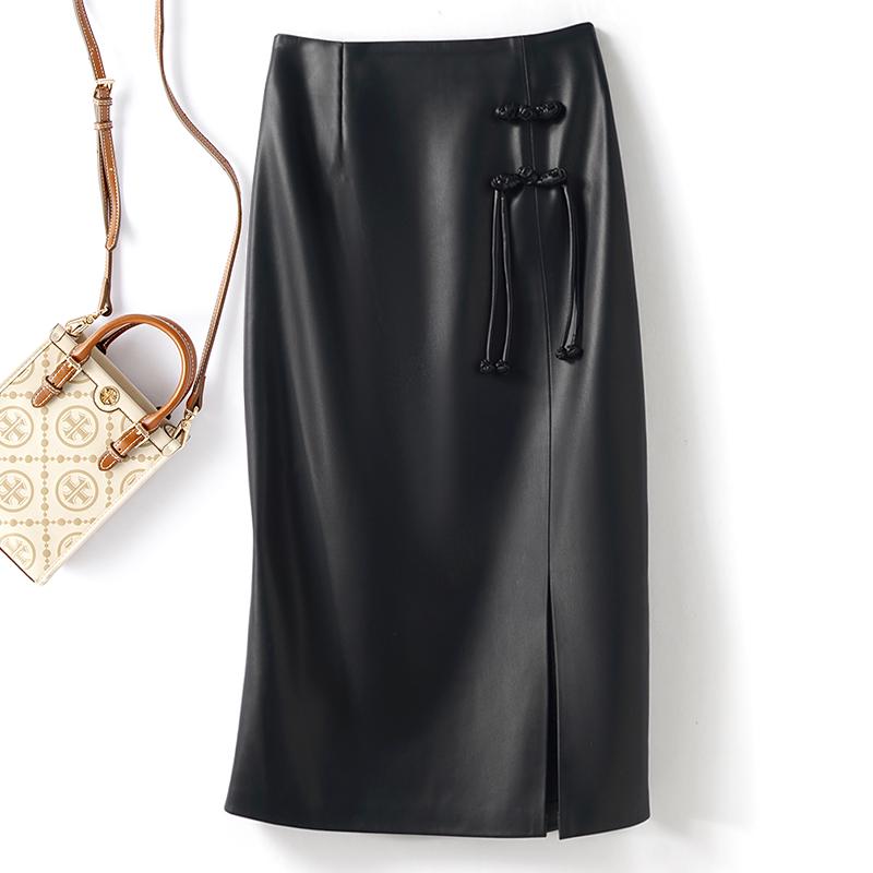 Women's Retro High-Waist Leather Pencil Skirt with Frog Buttons