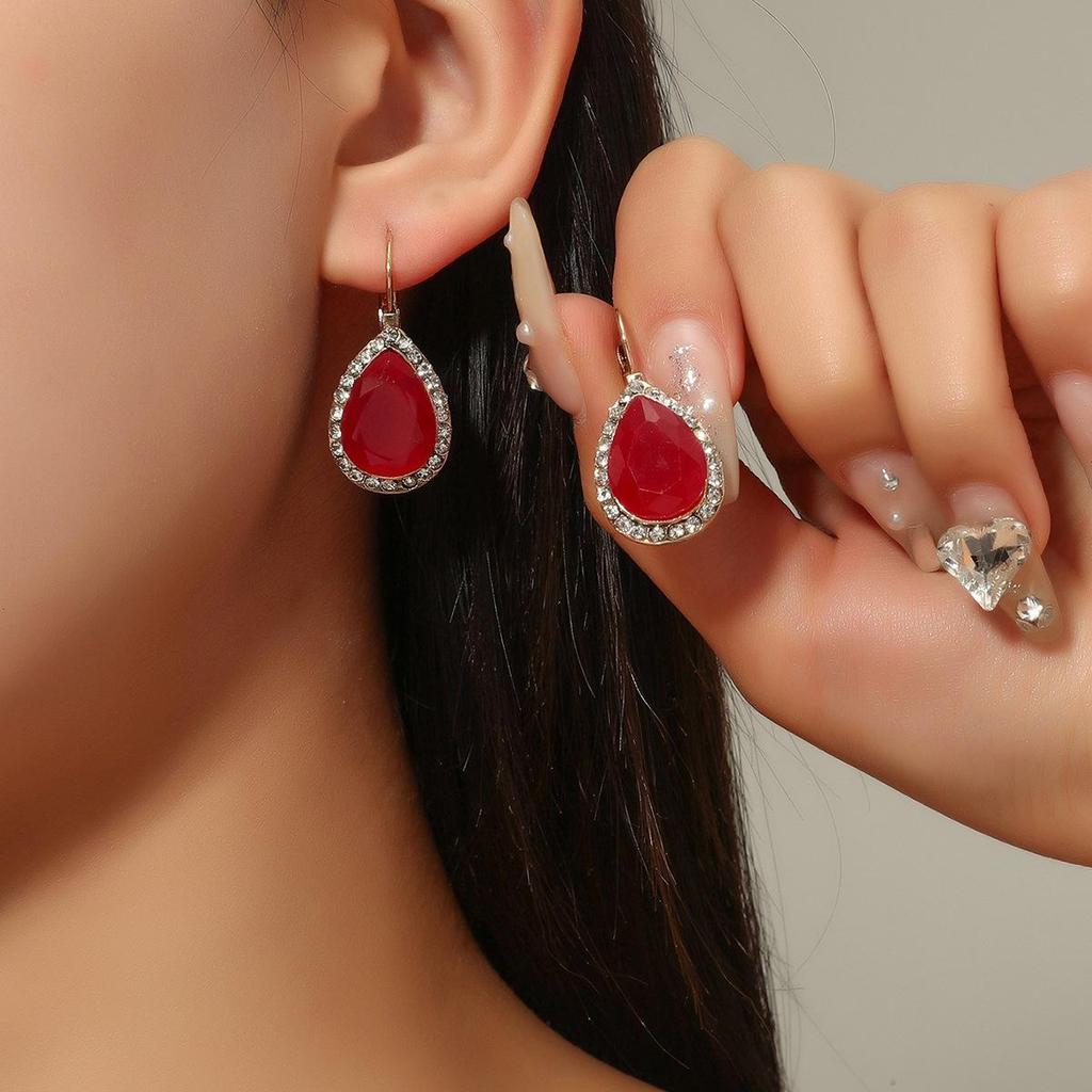 Ruby and Red Corundum Water Drop Earrings with Colored Sapphires and Diamond Studs in White Gold Plating