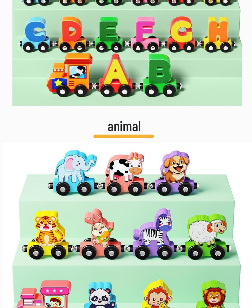 Wooden Montessori Puzzle: Magnetic Train with Numbers, Zodiac Signs, Letters & Fruits for Early Education and Brain Training