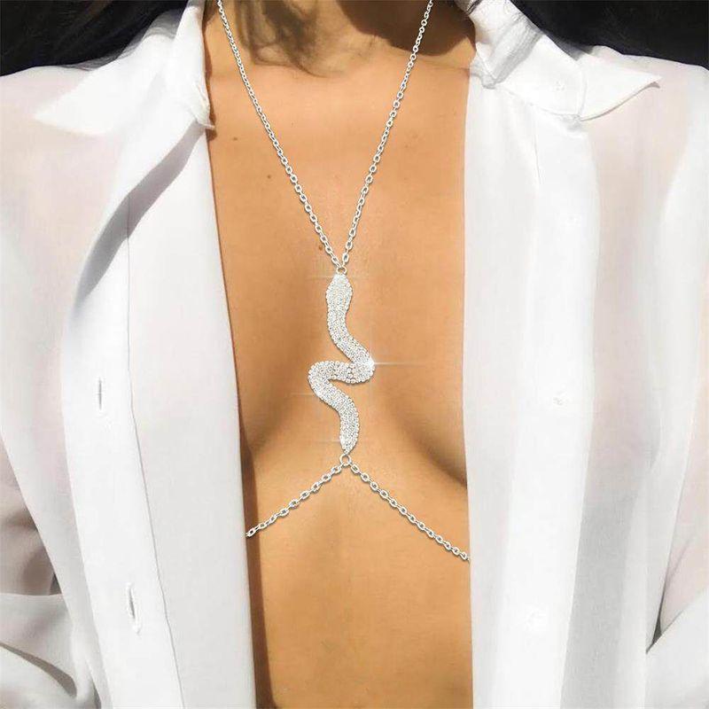 Diamond Snake-Shaped Chest Necklace Women's Fashion Minimalist Halterneck Shiny Chest Necklace Exaggerated and Personalized Bikini Body Chains Chain