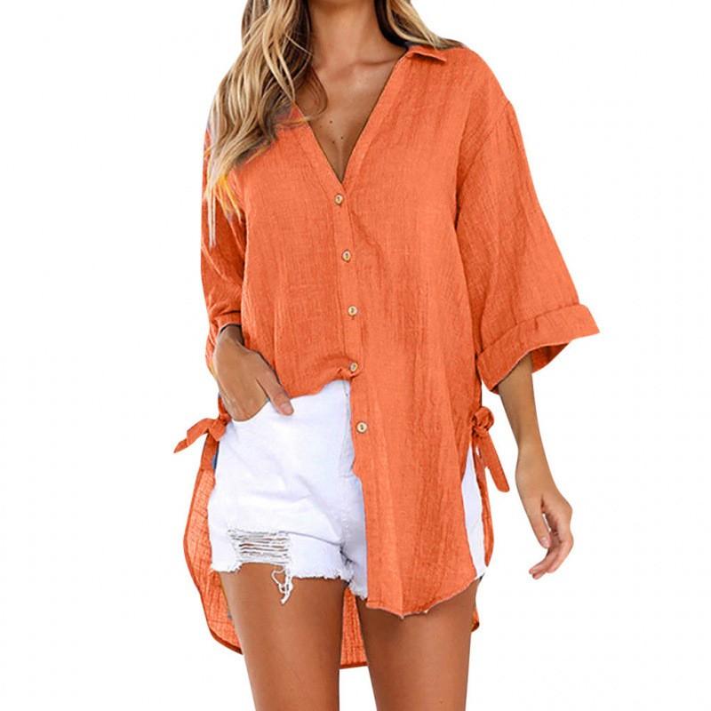 Women's Plus Size Solid Cotton And Linen Hollow Out V-neck Pullover Tops Shirt