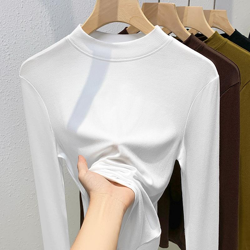 Threaded bottomed shirt women's 2025 new European women's clothing temperament stand-up collar long-sleeved t-shirt waist and elastic top