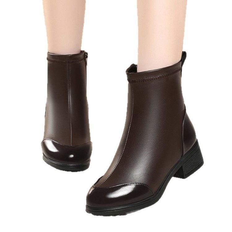 Winter new velvet thickened non-slip thick heel middle heel Martin boots side zipper warm cotton boots