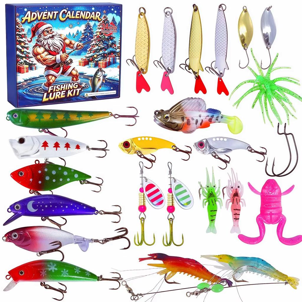 Fishing Advent Calendar 2026 for Adults 24 Day Christmas Lure Set,Including Short Long and Medium-Length Baits for Targeted Cast Distance and Coverage