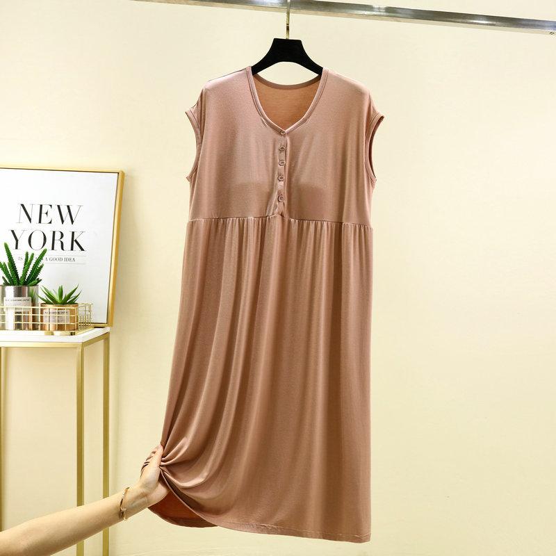 Damen V-Ausschnitt Ärmelloses Midi-Kleid Lockerer Schnitt Hoher Bund Lässiges Haus-Nachthemd Mit Integriertem BH-Pad