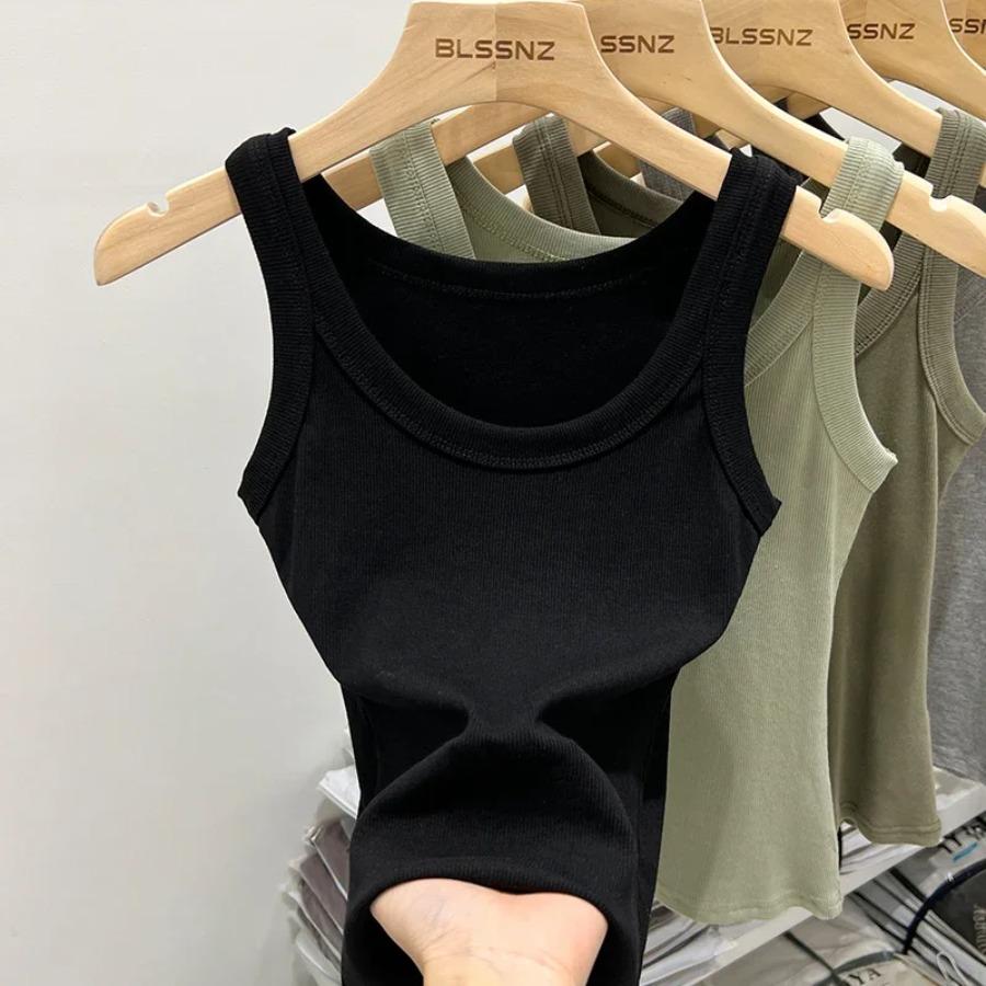 Women Solid Round Neck Ribbed Tank Top Camisole Women 2026 Summer Basic Elastic Tank Top O Neck Solid Tank Top S