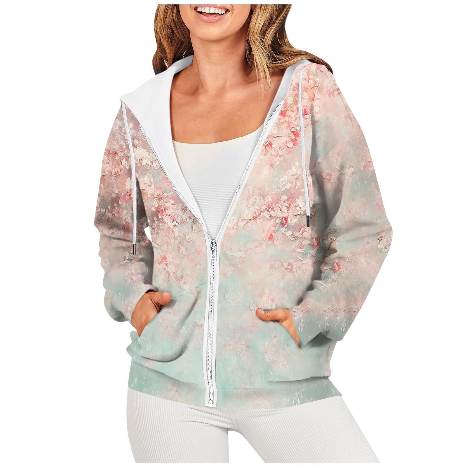 

Женская мода с длинным рукавом с капюшоном на молнии с цветочным принтом пальто с капюшоном L розовый