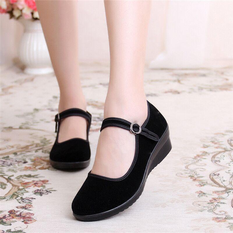 Old Beijing Cloth Shoes Women's Shoes Wedge Heel Black Cloth Shoes Hotel Shoes Work Shoes Middle Heel Dance Etiquette Word Belt Mother Shoes