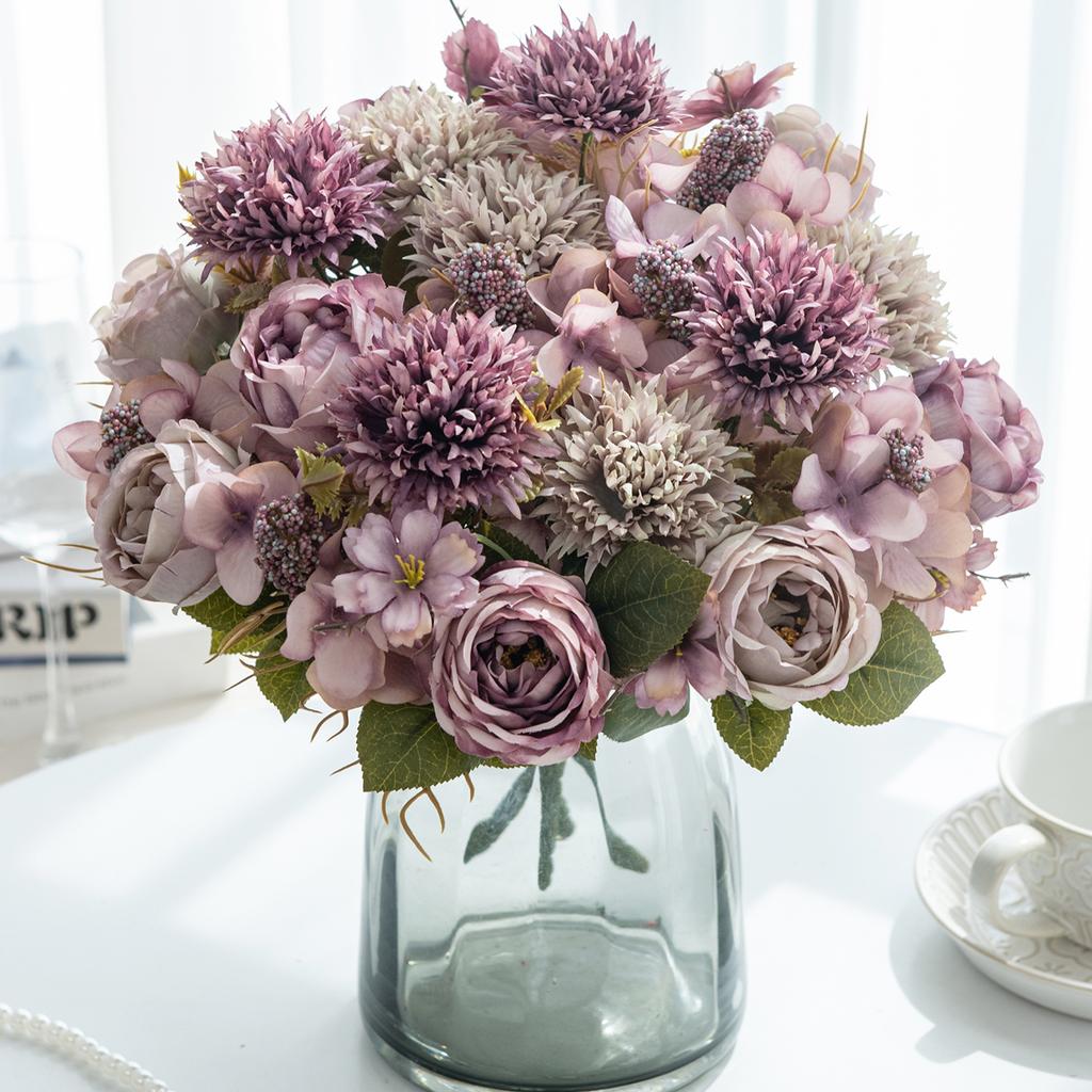 Artificial flower rose decora wedding bridal bouquet garden Valentine's Silk Peony Embroidered Ball Dried Flower Vase Board Gift