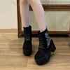 Fashion Punk Goth Women Motorcycle Boots Outdoor Platform High Heels Shoes Woman 2025 New Black Fashion Suede Embroidery Bottes Femmes