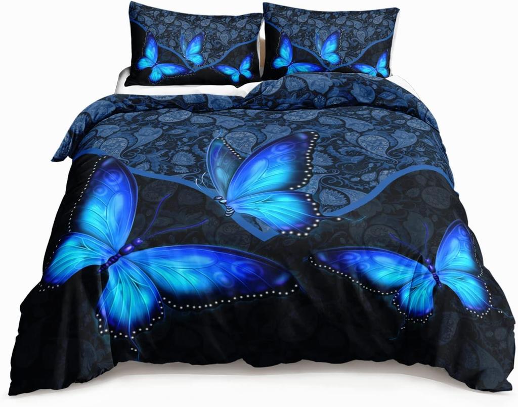 Butterfly Duvet Cover Set Queen King Size Sparkly Blue Butterflies Bedding Set Boho Style Quilt Cover Set For Girls Kids 3 Pcs