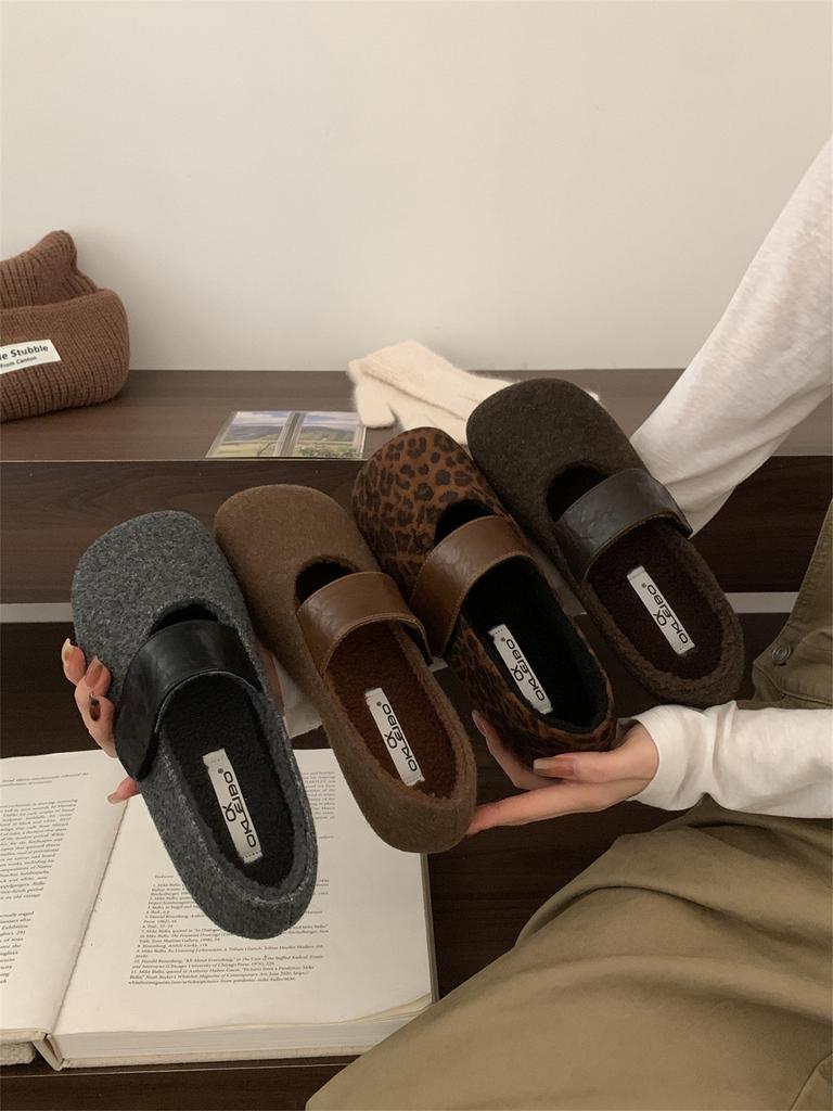 Huge Good-looking Flat-soled Shallow-mouth Single Shoes for Women's 2025 New Autumn Woolen Gray Birkenstocks Mary Jane Evening Shoes