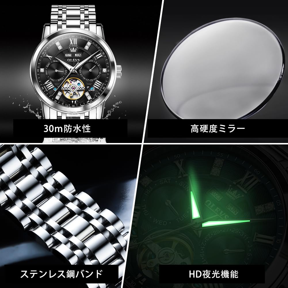 OLEVS Mechanical Automatic Manual Perpetual Calendar Skeleton Metal Band Retro Stylish Watch Luminous Waterproof watch for men Black Men's & Men's