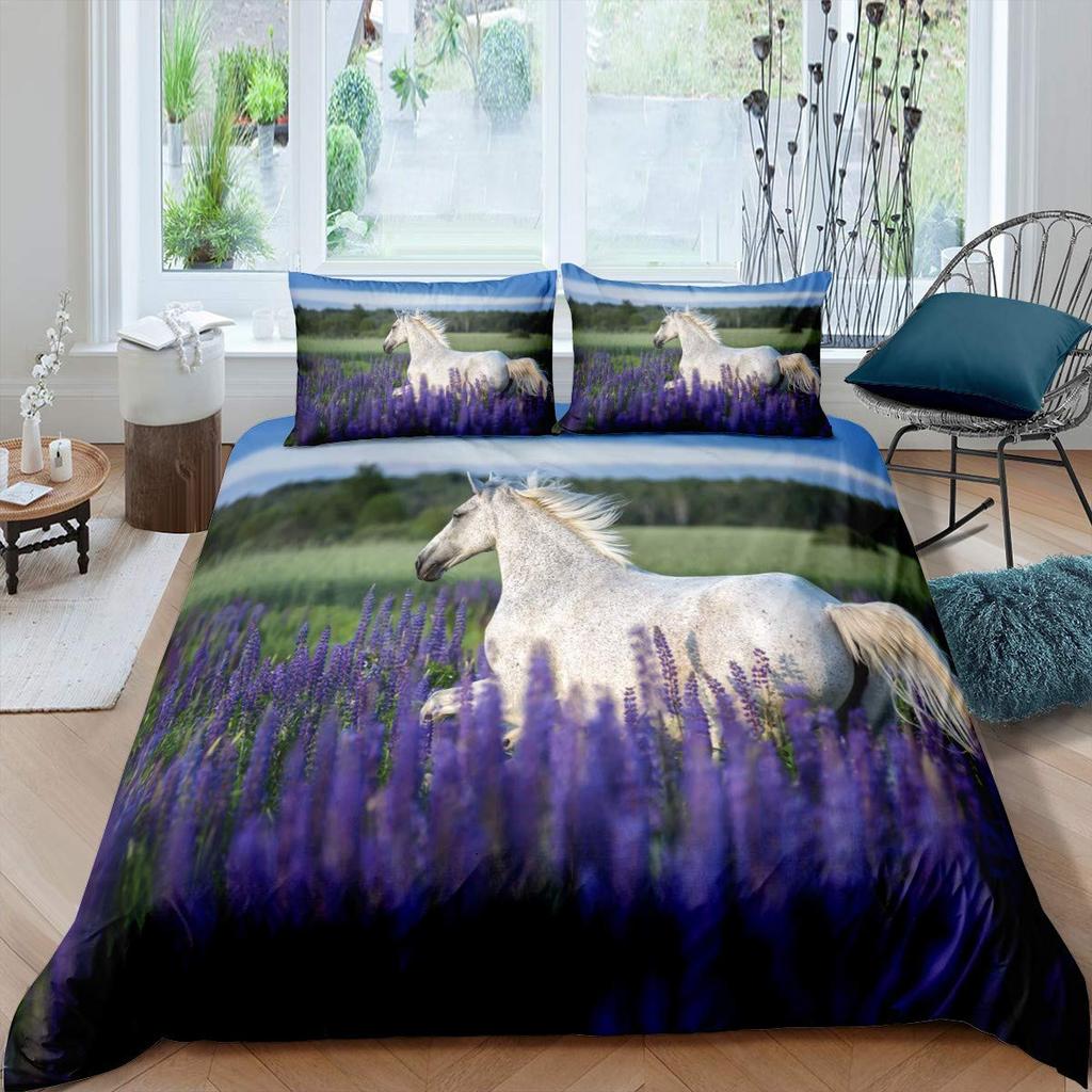 Comforter Horse Cherry Blossom Branches Lavender Purple Bedding Sets Galloping Horse Comforter 2/3Pcs