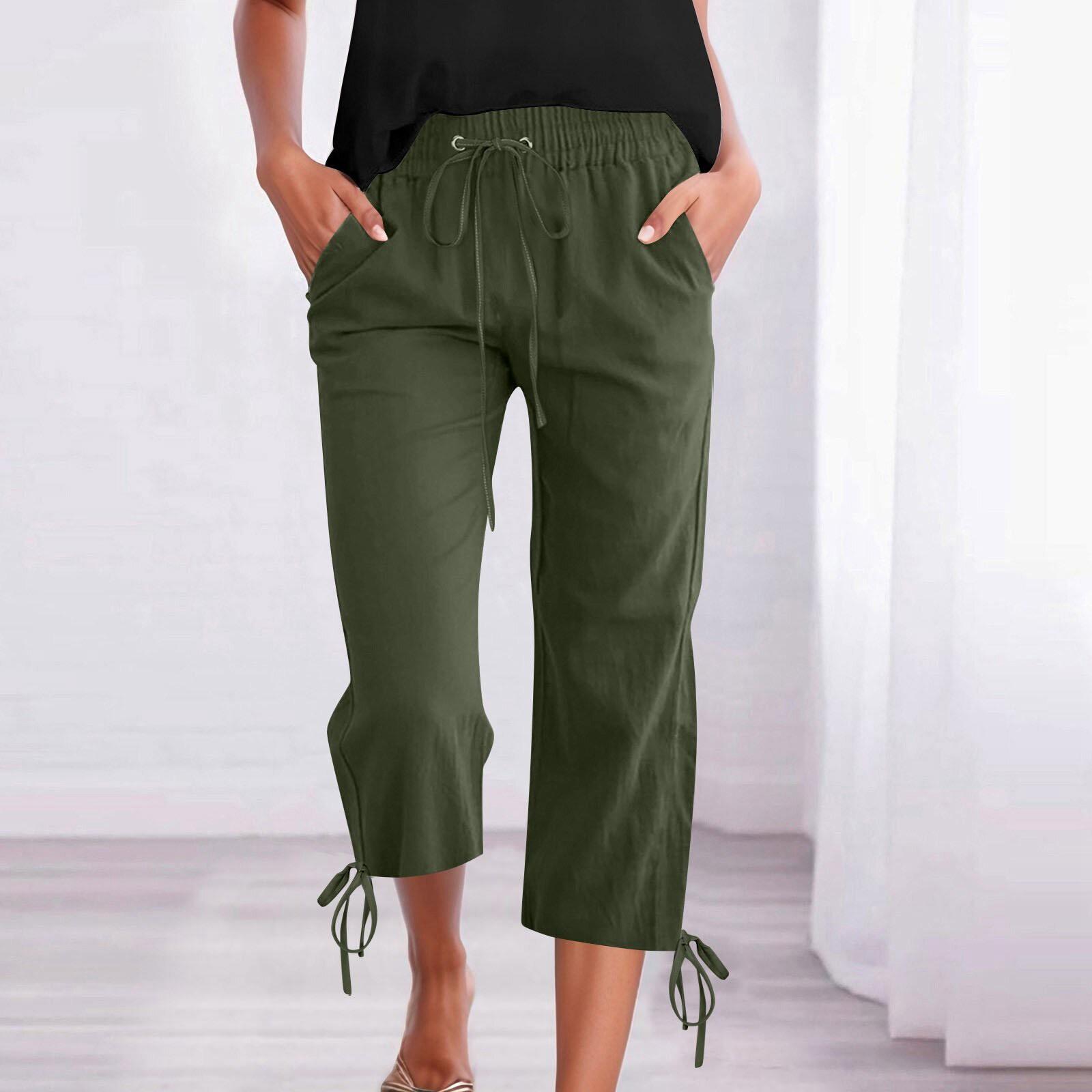 

Женские повседневные однотонные свободные прямые укороченные брюки из хлопка и льна с завязками на шнурке и карманами L