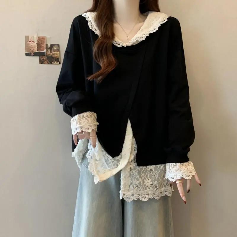 Baby Doll Collar Long-sleeved Fashion Sweatshirt Lace Fake Two-piece Shirt for Women Autumn Loose Splicing Versatile Top