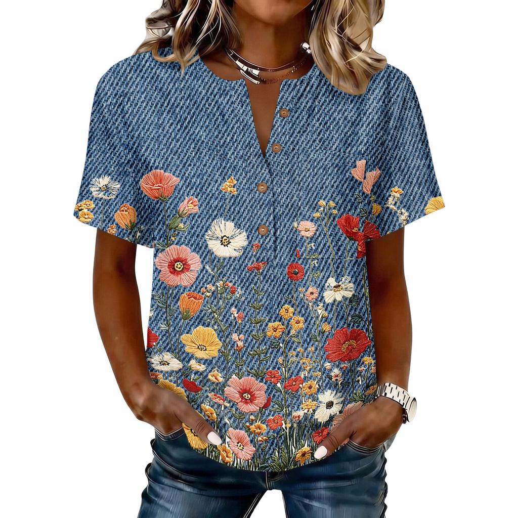 Women's Vintage Floral Print Henley Button Neck Short Sleeve Shirt Lightweight Cotton Linen Blend Casual Top for Everyday Wear