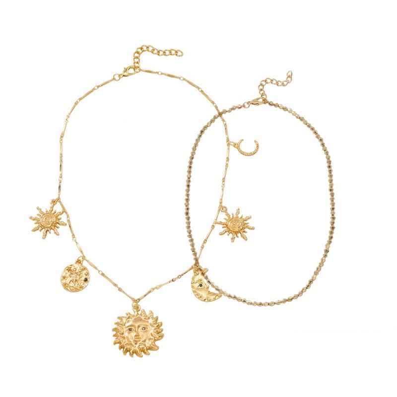 Gold Tone Sun Moon Geometric Pendant Necklace Set Women Layered Minimalist Beach Vacation Jewelry Zinc Alloy Chain 41-50cm Gold