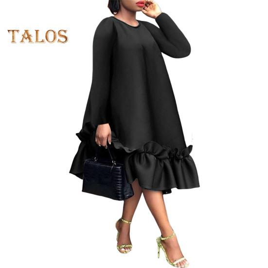 Abito Oversize A-line Orlo Arricciato Lunghezza Ginocchio Monocolore Abito Midi Maniche Lunghe Scollo O Vita Larga Abito per Appuntamenti Feste Formali Banchetti