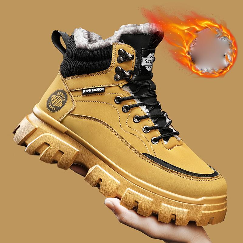 Herren Winter Fellgefütterte High Top Wander-Sneaker Outdoor Slip-on Lässige Taktische Stiefel Schnür-Stiefeletten Warme Schneestiefel Kurze Stiefeletten