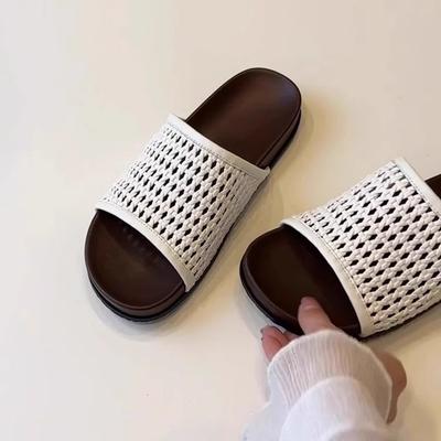 Selbstbehaltene Version~ Gewebte Fischernetzschuhe Damen Französisch Retro Atmungsaktive Oberbekleidung Dicksohlige Strandschuhe Flachsohlige Ein-Wort-Sandalen Sommer