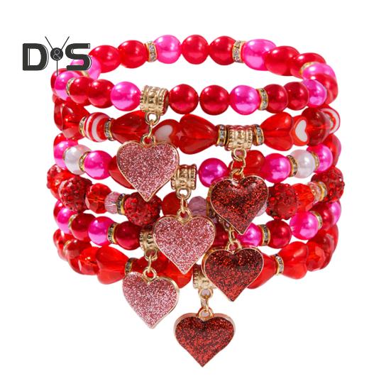 

6 шт. браслет комплект пайеток кулон в форме сердца красные бусины эластичный шнур наборные браслеты подарок на день святого валентина запястье ювелирные изделия красный