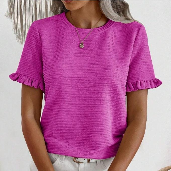 IHUASU Damen Frühling/Sommer Rundhalsausschnitt Rüschen Kurzarm T-Shirt Top