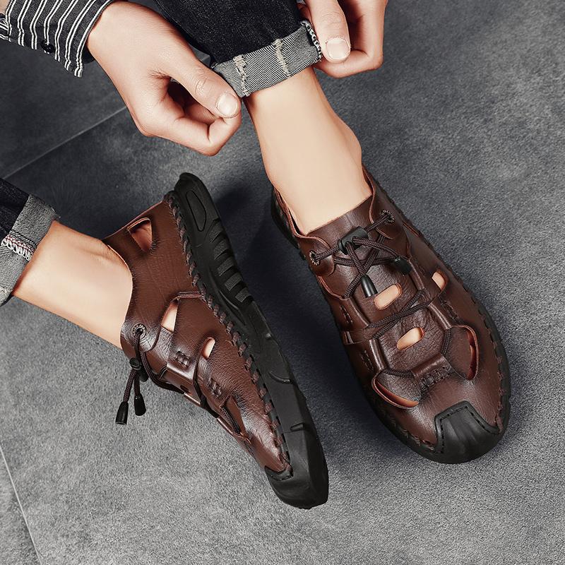 Fashion Men's Sandals Beach Loafers Fishing Camping Shoes Anti Slip Flat Bottomed Men's Leather Casual Shoes Lightweight Trendy Sandals