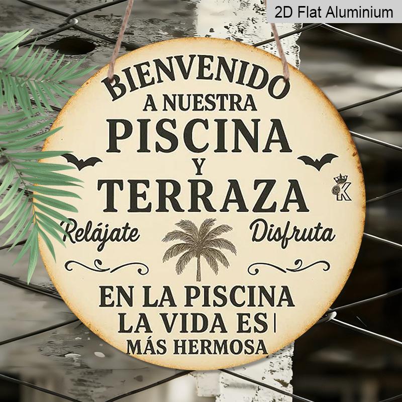 2D Flat, 1pc Aluminum Round Outdoor Plaque with "BIENVENIDO A NUESTRA PISCINA Y TERRAZA" Text, Palm Trees, and Bat Patterns, 7.87x7.87inch, Ideal for