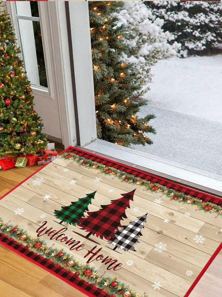 VIKAMA Christmas Crystal Velvet Floor Mat Washable Entry Welcome Door Mat Kitchen Living Room Carpet Home Christmas Decoration