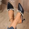 New Sweet Pearl High-heeled Slippers Summer New Pointed Toe Mules Half Baotou Slipper Beige Black Outside Heeled Sandal Slides