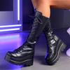 But Knee Black Wedge Inner Heel Heightening Thin Motorcycle Boots Punk Women's Boots Long Boots Thick-soled High Tube Lace-up Martin Boots