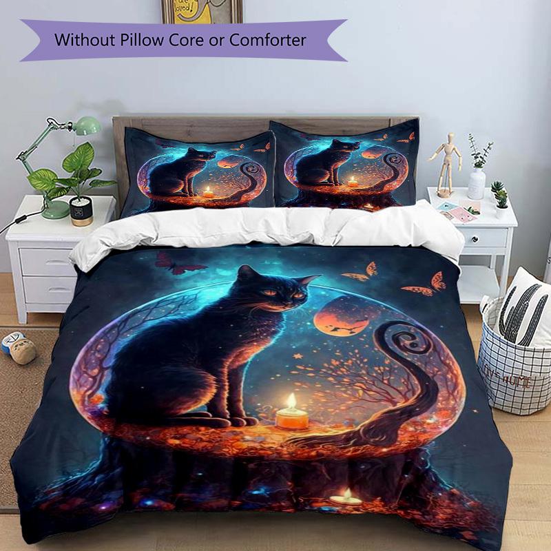 3pcs Anime Cat Moon and Butterflies Bedding Set - Includes One Quilt Cover and Two Pillowcases (No Core) - Home Decor, Festival Gift, Polyes