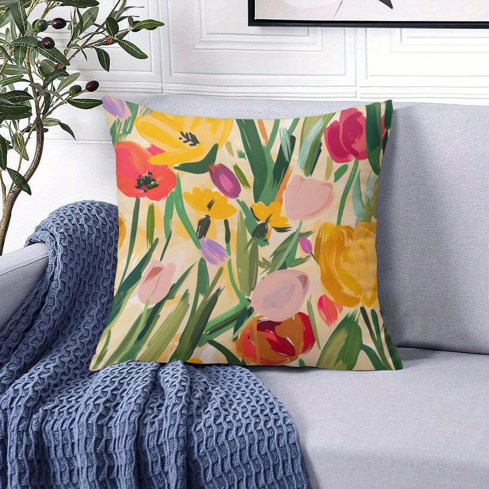 Tulip Art Square Jacquard Pillow Cover for Sofa Office Waist Cushion Cover Home Decorative Pillowcase