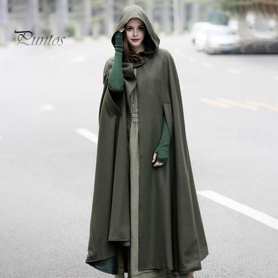 Winter Women Jacket with Hood Medieval Retro Cape Gothic Keep Warm Shawl Ankle Length Loose Cloak Thick Single-Button Closure Outdoor Poncho Pirate
