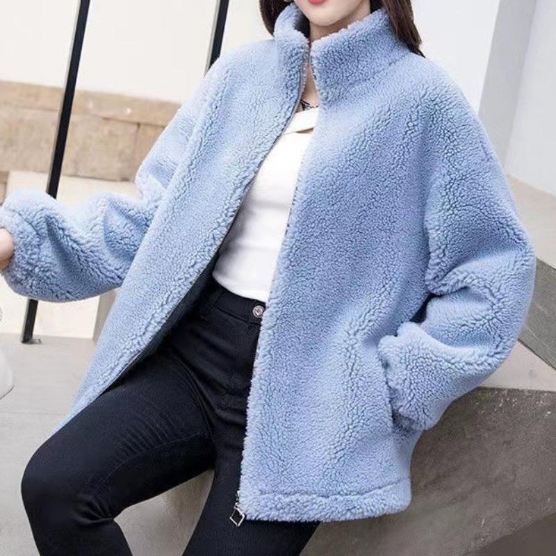 Dámská krátká bunda z korálového fleecu, podzimní a zimní oblečení, nový oboustranný fleec, zateplený, velká velikost, volný fleecový svetr