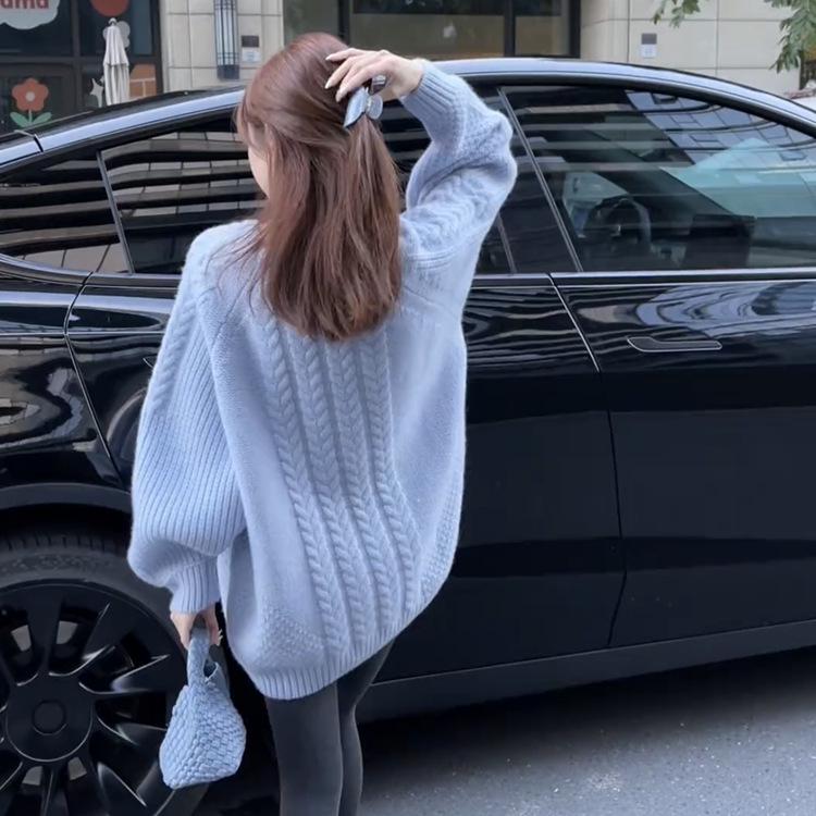 Women's Korean Style Oversized Winter Knit Sweater - Mid-Length, Loose, and Versatile