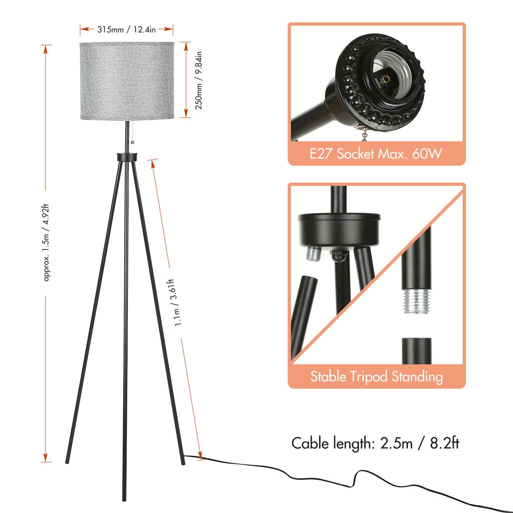 Tomshine Pulling Switch Tripod Floor Lamp Modern Design Standing Light with Linen Lampshade for