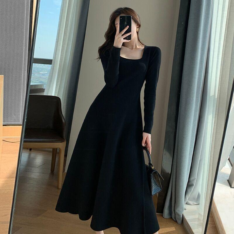 Early autumn new women's clothing black long-sleeved knitted dress long temperament with small black dress inside