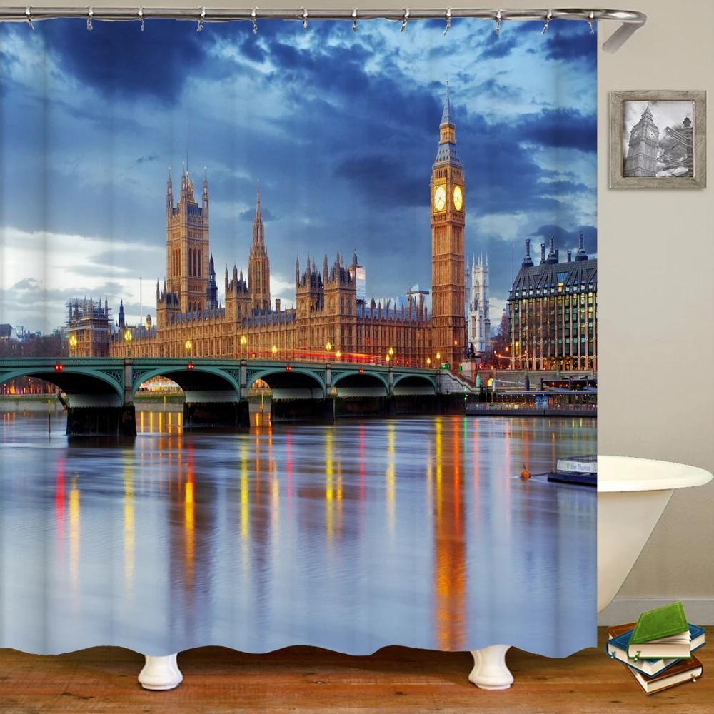 Beautiful Natural Scenery City Town Shower Curtains Bathroom Waterproof Polyester Fabric Bath Curtain Landscape Decor Curtains