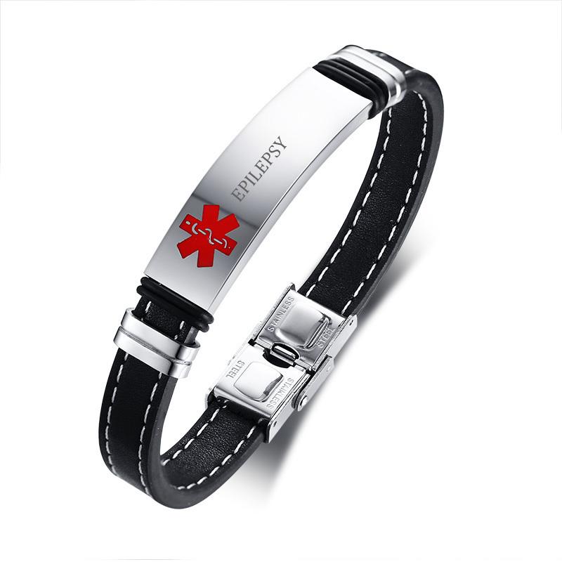 Men  Black Leather Medical Alert Bracelet with Carving Disease
