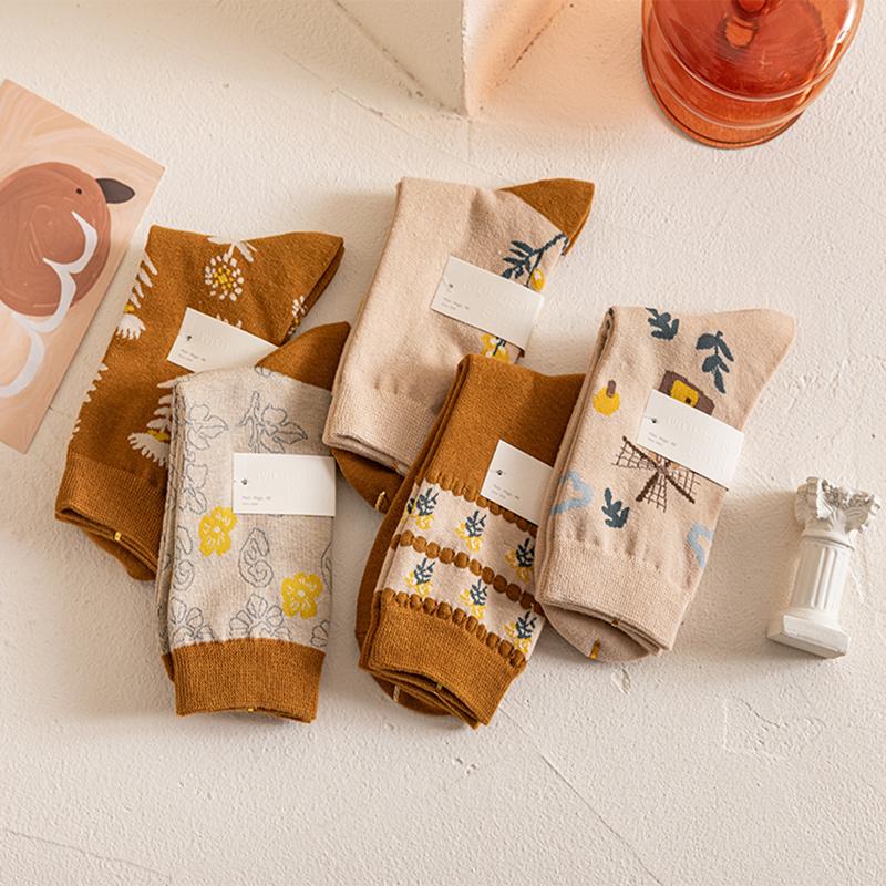 Vintage Floral Print Middle Tube Socks For Women Soft Cotton Autumn Spring Harajuku Japanese Socks Female Girl Casual Long Sock