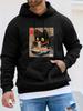 RAMEN NEKO Japanese-Style Ramen Black Cat Print Unisex American Fitness Style Autumn/Winter Long-Sleeve Hooded Sweatshirt, JAPAN THEME Unisex Sweatshi