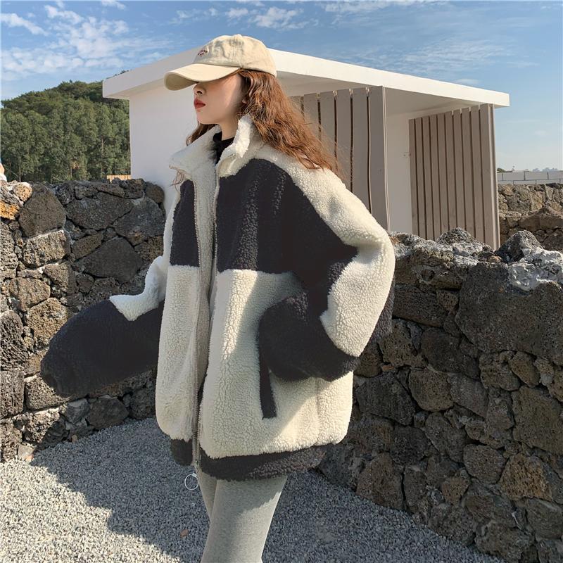Elegant Coat Women Autumn Winter Warm Soft Zipper Patchwork Jacket Female Plush Overcoat Pocket Casual Outwear