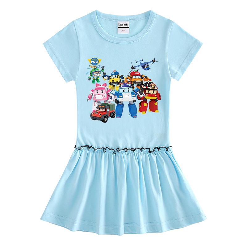 Summer Cartoon Raglan Color Block Short Sleeve Pleated Dress for Girls
